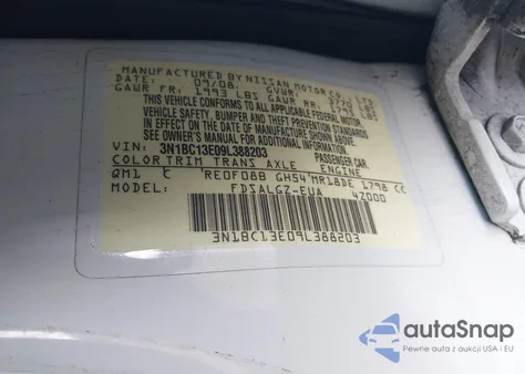 2009 Nissan Versa 1.8Sl z USA, uszkodzony, nr VIN 3N1BC13E09L388203